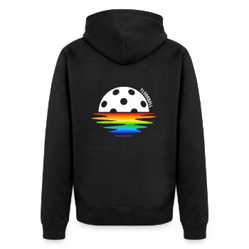 Floorball Unihockey FLOORBALLzeit Floorballspiel - Unisex Premium Bio Zip Hoodie - Schwarz - Hinten - Nico (187cm)