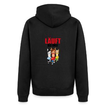 LÄUFT BEI UNS! - PFERDERENNEN - RENNPFERDE - PFERD - Unisex Premium Bio Zip Hoodie - Schwarz - Hinten - Nico (187cm)