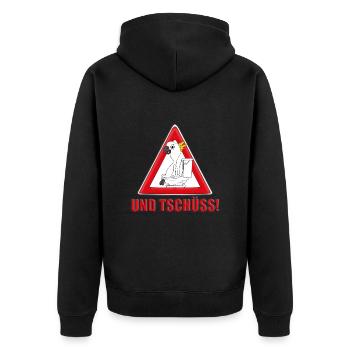 ACHTUNG KAKADU - WC - TOILETTE - UND TSCHÜSS! - Unisex Premium Bio Zip Hoodie - Schwarz - Hinten - Nico (187cm)