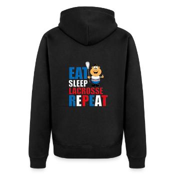 LACROSSE - SPORT - LIEBE - SPORTART - SPORTLER - Unisex Premium Bio Zip Hoodie - Schwarz - Hinten - Nico (187cm)