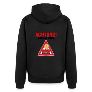 ACHTUNG! BABY AN BORD - AUTO - KIND - KINDER - Unisex Premium Bio Zip Hoodie - Schwarz - Hinten - Nico (187cm)