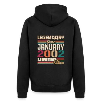 Geburtstagsgeschenk Geboren Im Januar 2002 - 2002 - Unisex Premium Bio Zip Hoodie - Schwarz - Hinten - Nico (187cm)