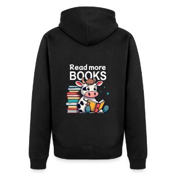 Niedliche Kuh liebt Literatur und liest ein Buch - Unisex Premium Bio Zip Hoodie - Schwarz - Hinten - Nico (187cm)