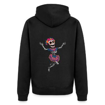 tanzendes happy crazy Skelett la Catrina :) - Unisex Premium Bio Zip Hoodie - Schwarz - Hinten - Nico (187cm)
