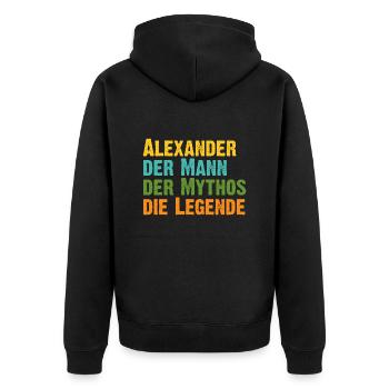 Alexander der Mythos die Legende Vorname Alexander - Unisex Premium Bio Zip Hoodie - Schwarz - Hinten - Nico (187cm)