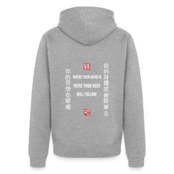 Caractères Chinois, Sagesse Dicton, Chine - Veste à capuche bio Premium Unisexe - gris chiné - Dos - Nico (187cm)