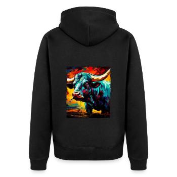 Bulle Portrait Taurus - Unisex Premium Bio Zip Hoodie - Schwarz - Hinten - Nico (187cm)