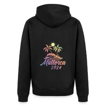 Mallorca 2024 Bunt - Unisex Premium Bio Zip Hoodie - Schwarz - Hinten - Nico (187cm)