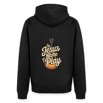 Im Namen Jesu Spiele Ich Gitarre - Unisex Premium Bio Zip Hoodie - Schwarz - Hinten - Nico (187cm)