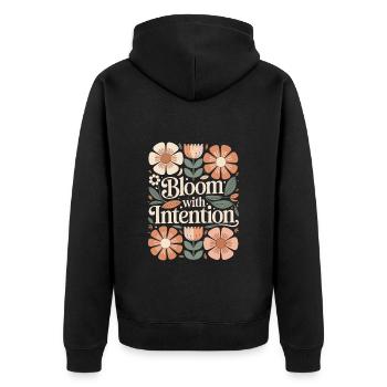Boho Blumen Vintage Zitat Bloom With Intention - Unisex Premium Bio Zip Hoodie - Schwarz - Hinten - Nico (187cm)