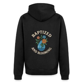 Getauft Und Erblühend Blumen Motiv - Unisex Premium Bio Zip Hoodie - Schwarz - Hinten - Nico (187cm)