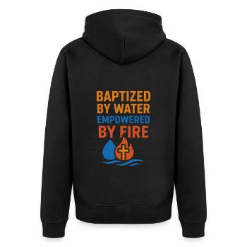 Getauft Durch Wasser, Stärken Durch Feuer - Unisex Premium Bio Zip Hoodie - Schwarz - Hinten - Nico (187cm)