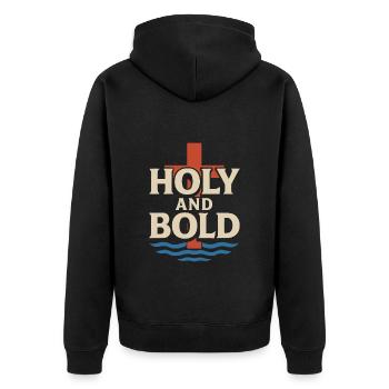 Heilig Und Kühn Getauft Schriftzug - Unisex Premium Bio Zip Hoodie - Schwarz - Hinten - Nico (187cm)