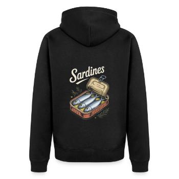 Retro Sardinen Vintage Fisch Grafik Dosenfisch - Unisex Premium Bio Zip Hoodie - Schwarz - Hinten - Nico (187cm)