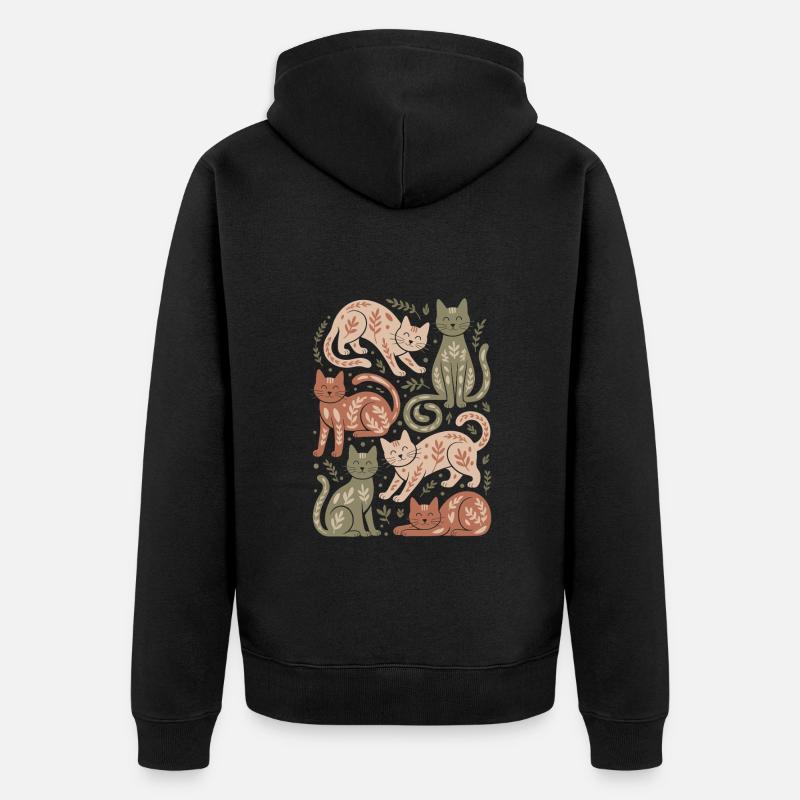 Cat Pattern with Leaf Motifs - Unisex Premium Organic Zip Hoodie - black