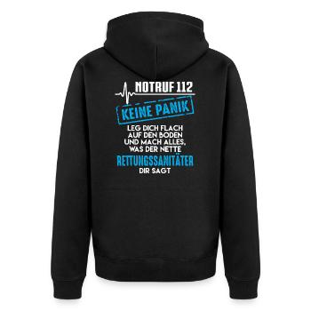 Rettungssanitäter, Notruf 112 Keine Panik - Unisex Premium Bio Zip Hoodie - Schwarz - Hinten - Nico (187cm)