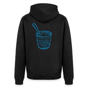 Bitte nicht schubsen ich habe Joghurt im Beutel - Unisex Premium Bio Zip Hoodie - Schwarz - Hinten - Nico (187cm)