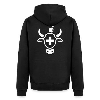 Schweizer Wappen mit Kuhkopf und einem Apfel - Unisex Premium Bio Zip Hoodie - Schwarz - Hinten - Nico (187cm)