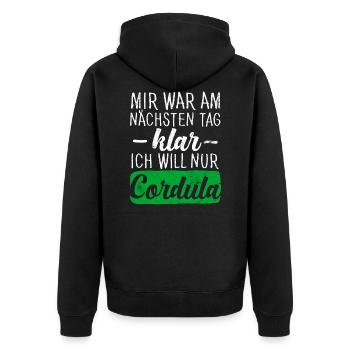 MIR WAR AM NÄCHSTEN TAG KLAR, ICH WILL NUR CORDULA - Unisex Premium Bio Zip Hoodie - Schwarz - Hinten - Nico (187cm)