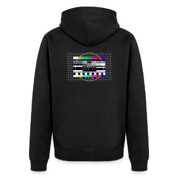 DDR Testbild zum Mauerfall mit Datum 09.11.1989 - Unisex Premium Bio Zip Hoodie - Schwarz - Hinten - Nico (187cm)