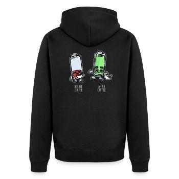 Before & after the coffee battery is empty & full - Unisex Premium Organic Zip Hoodie - black - Back - Nico (187cm)