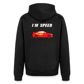 Sports Car - I'm Speed in Fire Red, for Kids - Unisex Premium Organic Zip Hoodie - black - Back - Nico (187cm)