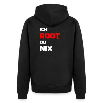 Ich root du nix. IT Administratoren, Admin, Nerds - Unisex Premium Bio Zip Hoodie - Schwarz - Hinten - Nico (187cm)