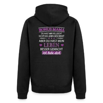 Bonus Mama - Unisex Premium Bio Zip Hoodie - Schwarz - Hinten - Nico (187cm)