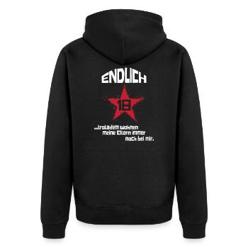 Endlich 18 Eltern wohnen noch bei mir - Unisex Premium Bio Zip Hoodie - Schwarz - Hinten - Nico (187cm)