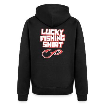 Lucky Fishing Shirt Angler Angeln - Unisex Premium Bio Zip Hoodie - Schwarz - Hinten - Nico (187cm)