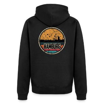 Hamburg Skyline City - Retro Vintage - Unisex Premium Bio Zip Hoodie - Schwarz - Hinten - Nico (187cm)