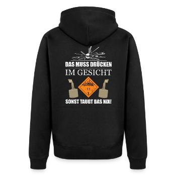 Pyro Pyrotechnik Das muss drücken - Unisex Premium Bio Zip Hoodie - Schwarz - Hinten - Nico (187cm)
