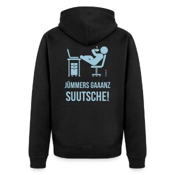 Jümmers Gaaanz Suutsche! (Plattdeutsch / Platt) - Unisex Premium Bio Zip Hoodie - Schwarz - Hinten - Nico (187cm)