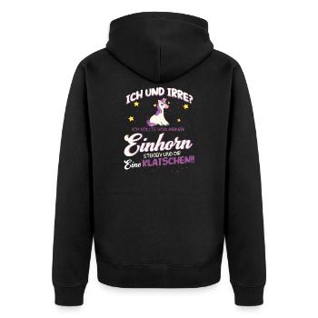 Ich und irre? Lustiger Einhorn Spruch - Unisex Premium Bio Zip Hoodie - Schwarz - Hinten - Nico (187cm)