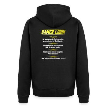 Gamer Logik Lustiger Gaming Spruch für Zocker - Unisex Premium Bio Zip Hoodie - Schwarz - Hinten - Nico (187cm)