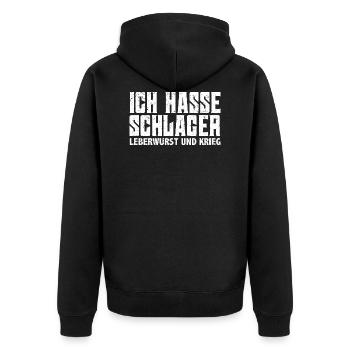 Ich hasse Schlager Leberwurst und Krieg witzig - Unisex Premium Bio Zip Hoodie - Schwarz - Hinten - Nico (187cm)