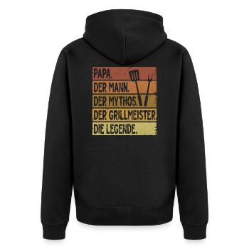 Papa Mann Mythos Grillmeister Legende - Unisex Premium Bio Zip Hoodie - Schwarz - Hinten - Nico (187cm)