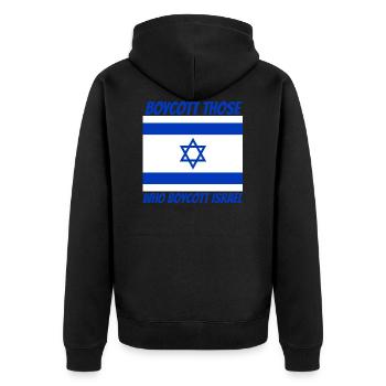 Boycott those who boycott Israel - Unisex Premium Bio Zip Hoodie - Schwarz - Hinten - Nico (187cm)