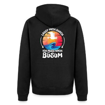 Lasst mich durch nach Büsum Möwe Sonne Strand - Unisex Premium Bio Zip Hoodie - Schwarz - Hinten - Nico (187cm)