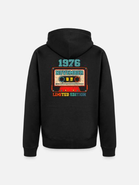 Vintage November 1976 Cassette Tape 45th Birthday - Unisex Premium Organic Zip Hoodie - black
