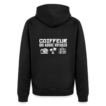 Reisende & Friseure: Leidenschaft & Entdeckung - Unisex Premium Bio Zip Hoodie - Schwarz - Hinten - Nico (187cm)