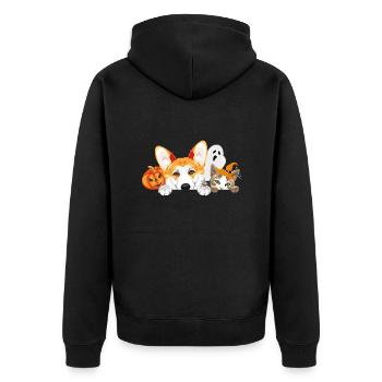 Peeking Corgi and cat with Halloween accessories - Unisex Premium Organic Zip Hoodie - black - Back - Nico (187cm)