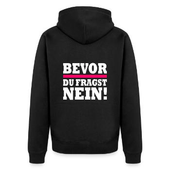 bevor du fragst nein - Unisex Premium Bio Zip Hoodie - Schwarz - Hinten - Nico (187cm)