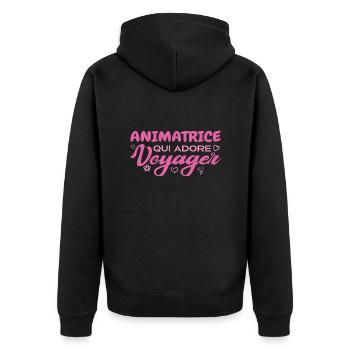 Globetrotting entertainer with a passion for travel - Unisex Premium Organic Zip Hoodie - black - Back - Nico (187cm)