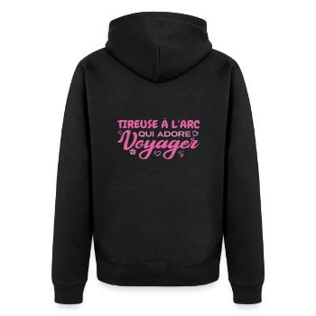 Globetrotting archery shooter with a passion for travel - Unisex Premium Organic Zip Hoodie - black - Back - Nico (187cm)