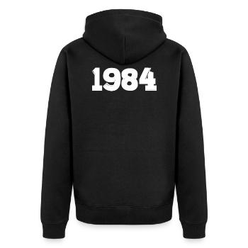 Jahr 1984 weiß - Unisex Premium Bio Zip Hoodie - Schwarz - Hinten - Nico (187cm)