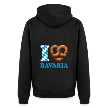 I Love Bavaria Brezel - Herz - Spruch - Unisex Premium Bio Zip Hoodie - Schwarz - Hinten - Nico (187cm)
