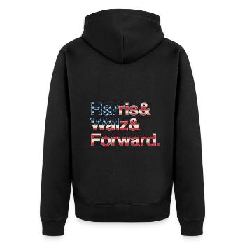 Kamala Harris & Tim Walz 2024 US Flag Shirt - Unisex Premium Organic Zip Hoodie - black - Back - Nico (187cm)