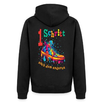 Ein Schritt nach dem anderen Mut machen Motivation - Unisex Premium Bio Zip Hoodie - Schwarz - Hinten - Nico (187cm)