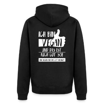 Klima Vegan Daumen hoch SabineVegan HerzAufShirt - Unisex Premium Bio Zip Hoodie - Schwarz - Hinten - Nico (187cm)